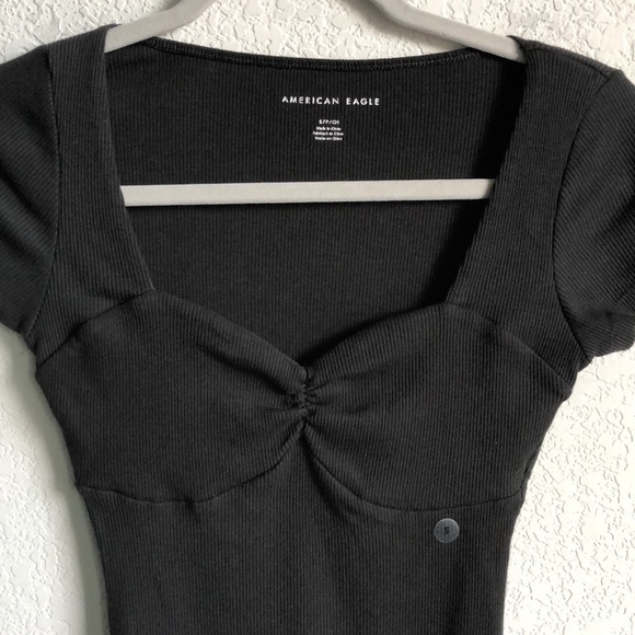NWT American Eagle Sweetheart Neck Ribbed Black Bodysuit Small Short Sleeve - Picture 2 of 12